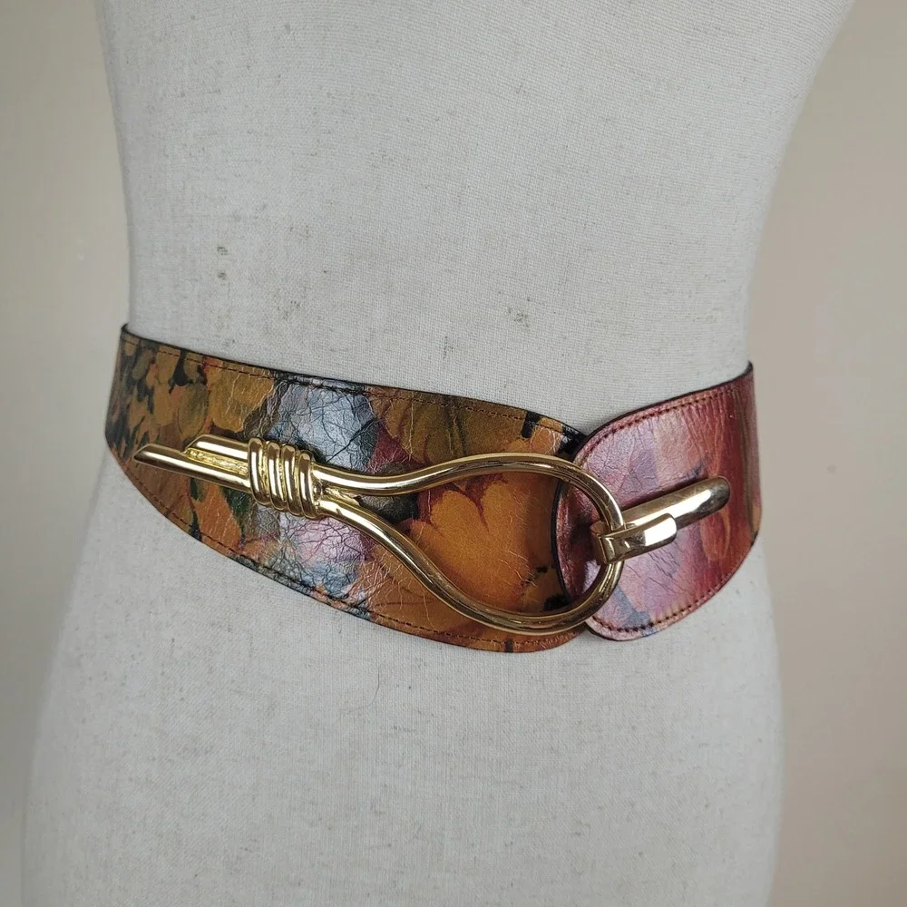 VTG Floral Belt 38 Colorful Leather Hook Buckle Argentina Boho Cinch 90s Corset